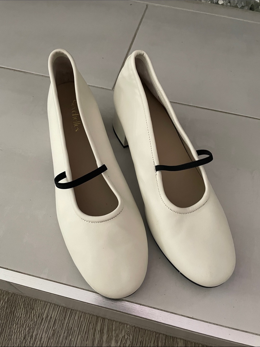 Seychelles Cream Mary Jane Flats with Black Strap